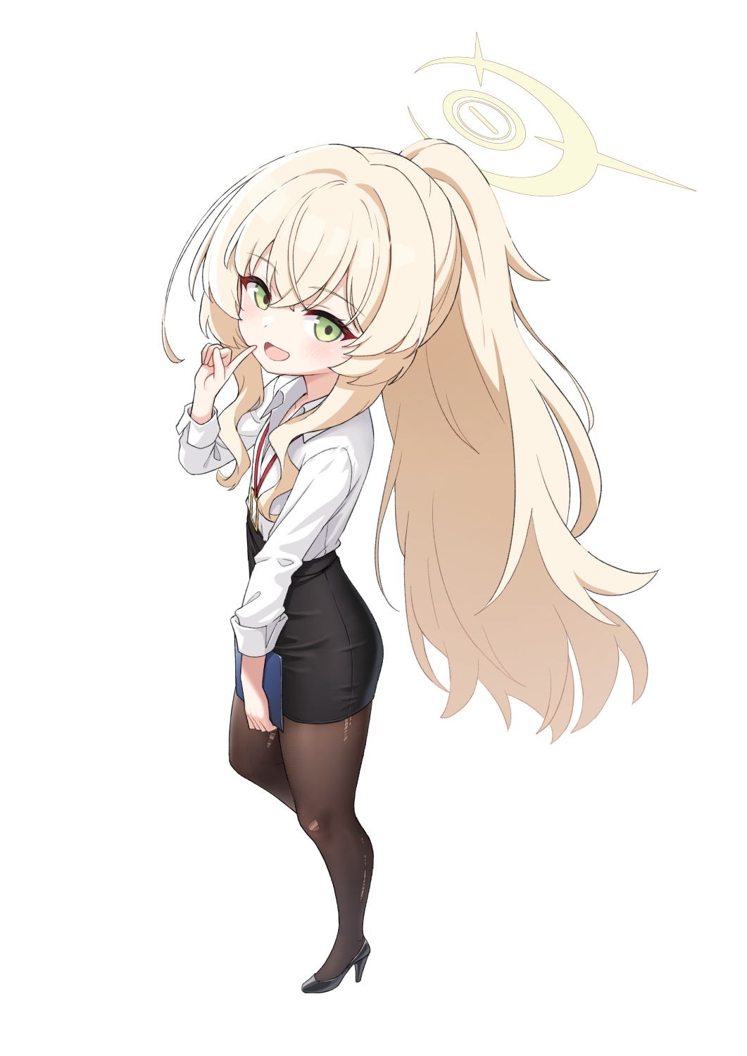1girl :d black_shoes black_skirt blonde_hair blue_archive blush brown_pantyhose collared_shirt commentary_request full_body green_eyes hair_between_eyes halo hand_up heijialan high_heels highres holding index_finger_raised lanyard long_hair long_sleeves looking_at_viewer open_mouth pantyhose pencil_skirt ponytail professor_niyaniya_(blue_archive) professor_niyaniya_(teacher)_(blue_archive) shirt shoes simple_background skirt smile solo standing very_long_hair white_background white_shirt