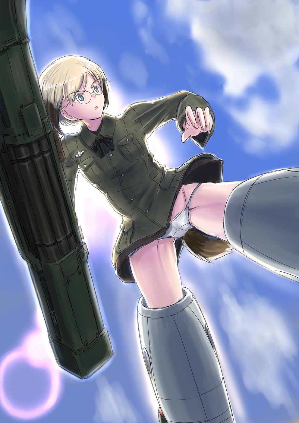 1girl animal_ears ascot blonde_hair blue_eyes blurry bokeh cloud commentary_request depth_of_field dog_ears dog_tail glasses green_jacket groin groin_tendon highres jacket keyboardnoob looking_to_the_side lowleg lowleg_panties military military_uniform multicolored_hair open_mouth panties rocket_launcher short_hair sky solo streaked_hair strike_witches striker_unit tail thighs translation_request underwear ursula_hartmann weapon white_panties world_witches_series
