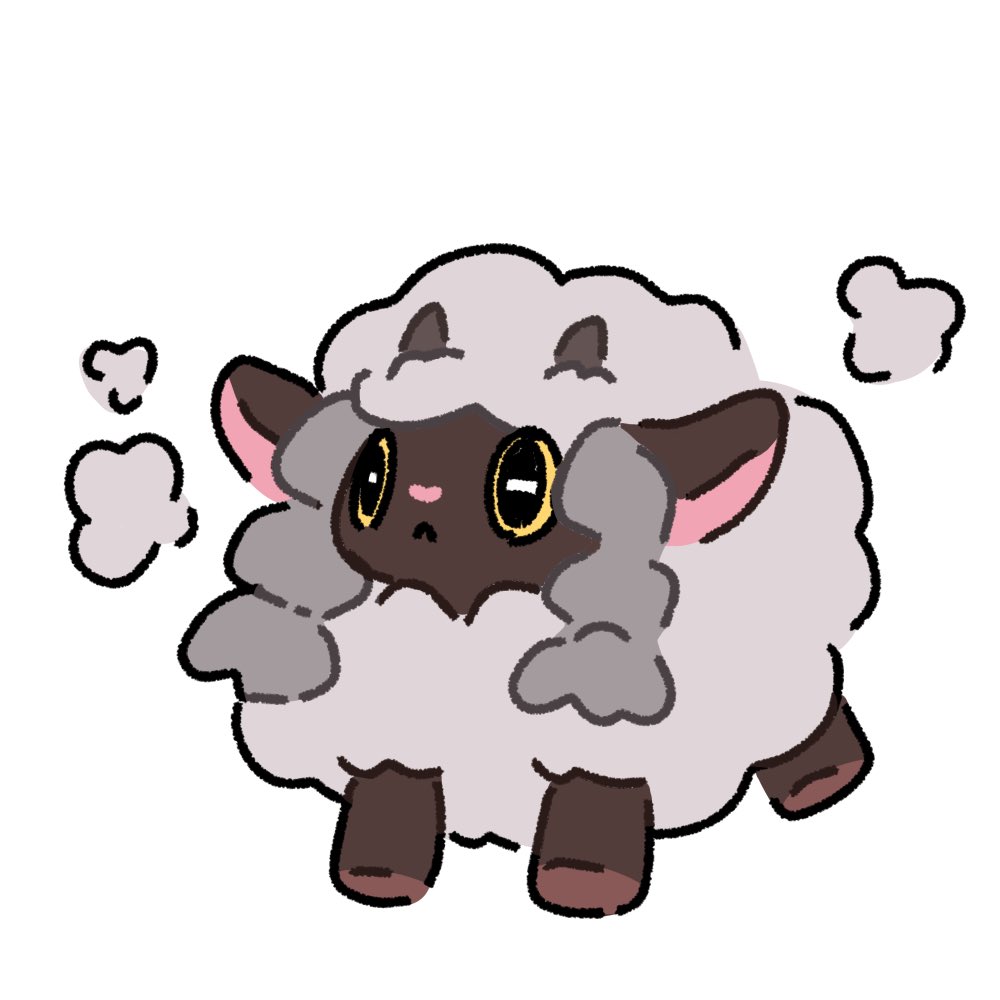 :&lt; animal_ears animal_focus animal_hands brown_fur fluffy full_body gen_8_pokemon looking_at_viewer nintendo no_humans nose_poke000 pokemon pokemon_(creature) sheep sheep_ears simple_background solo standing white_background white_fur wool wooloo yellow_eyes