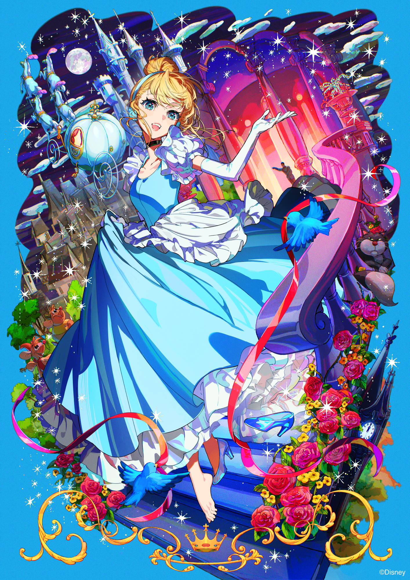 1boy 1girl :d animal barefoot bird black_collar blonde_hair blue_dress blue_eyes blue_footwear blue_hairband breasts building cinderella cinderella_(disney) collar collarbone commentary_request dress elbow_gloves flower full_moon glass_slipper gloves hair_bun hairband high_heels highres looking_at_viewer mika_pikazo moon open_mouth railing red_flower red_rose rose shoes single_shoe small_breasts smile solo_focus stairs white_gloves