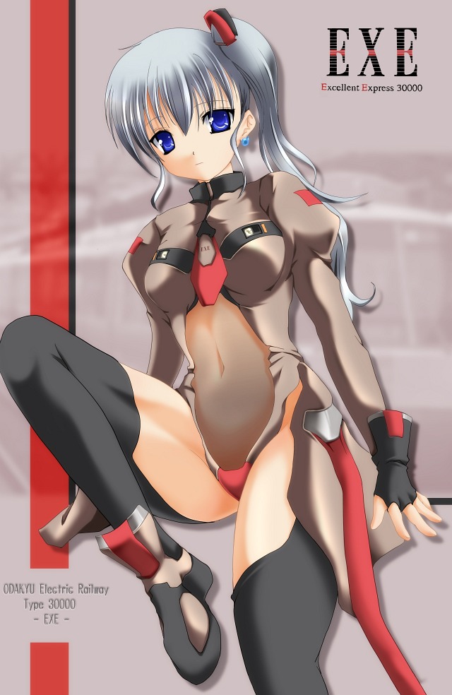 1girl 2000s_(style) archived_source ashita_yaru black_gloves black_thighhighs blue_eyes breasts brown_leotard closed_mouth commentary_request earrings fingerless_gloves frown gloves grey_hair hair_between_eyes jewelry juliet_sleeves leotard long_hair long_sleeves medium_breasts odakyu_electric_railway original personification puffy_sleeves see-through_clothes showgirl_skirt side_ponytail sidelocks solo thighhighs vehicle_and_personification