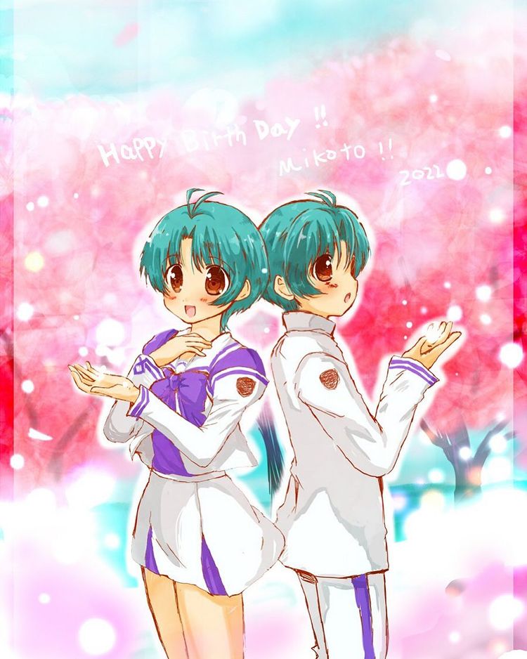 1boy 1girl 2022 back-to-back blue_hair bow brown_eyes dual_persona hama_(ponkotu826) happy_birthday jacket juliet_sleeves long_sleeves muv-luv pants parted_bangs puffy_sleeves purple_bow short_hair skirt smile standing tree white_jacket white_pants white_skirt yoroi_mikoto