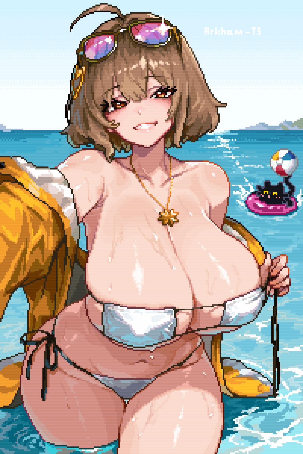 1girl ahoge anis_(nikke) anis_(sparkling_summer)_(nikke) arkham-ts artist_name aviator_sunglasses ball bare_shoulders bat_(animal) beach beachball bikini breasts brown_eyes brown_hair cleavage collarbone commentary cowboy_shot eyepatch_bikini eyewear_on_head goddess_of_victory:_nikke grin hair_between_eyes hair_ornament hairclip highres horizon huge_breasts innertube jacket jewelry looking_at_viewer mountain navel necklace off_shoulder official_alternate_costume open_clothes open_jacket orange_jacket outdoors outstretched_arm pink-tinted_eyewear pixel_art reaching reaching_towards_viewer shiny_skin short_hair smile solo sparkle string_bikini sunglasses swim_ring swimsuit teeth tinted_eyewear wading water wet white_bikini