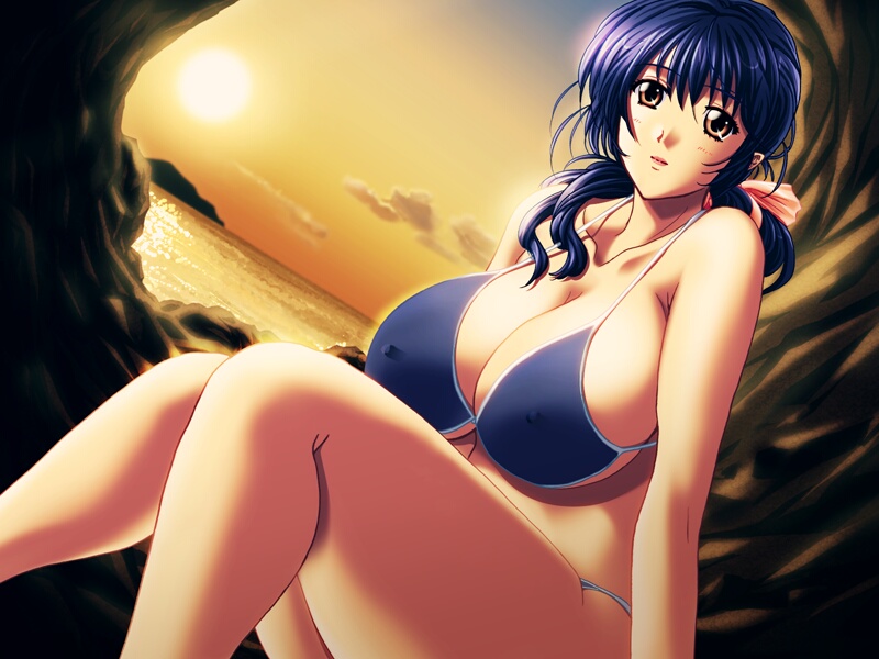 13cm 1girl aiba_nanako anata_to_mita_sakura bare_arms bikini blue_bikini blue_hair bow breasts brown_eyes cleavage closed_mouth cloud collarbone covered_erect_nipples game_cg gradient_sky horizon huge_breasts ishihara_souka lips long_hair looking_at_viewer mature_female ocean orange_sky outdoors pink_bow rock sitting sky solo sunset swimsuit thick_thighs thighs