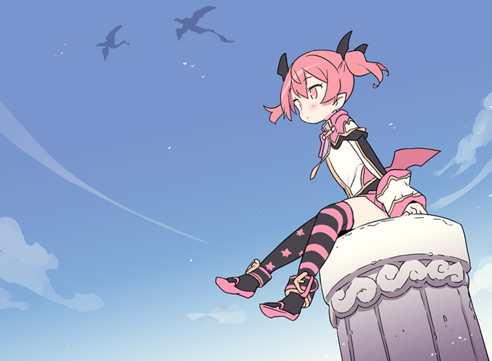 1girl black_boots black_thighhighs blade_(galaxist) blue_sky boots closed_mouth cloud column commentary_request day emelia_pris hair_between_eyes hair_ornament jacket long_sleeves looking_away low_wings outdoors pillar pink_eyes pink_hair pink_skirt pink_wings pleated_skirt pop-up_story print_thighhighs sitting skirt sky sleeves_past_wrists solo star_(symbol) star_print striped_clothes striped_thighhighs thighhighs thighhighs_under_boots twintails white_jacket wing_hair_ornament wings