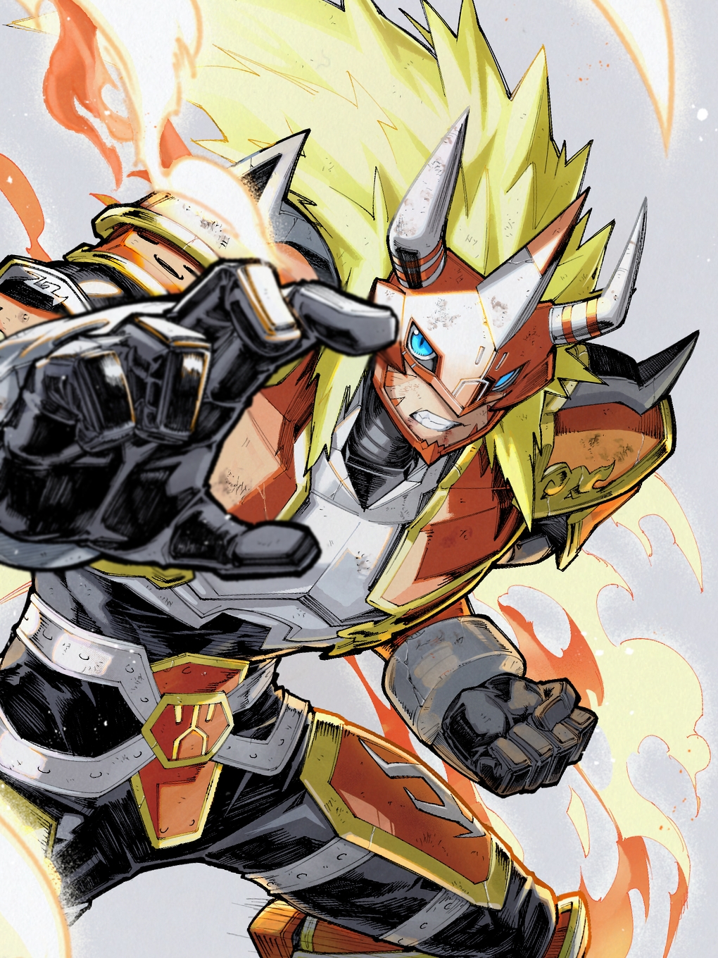 1boy agnimon armor black_bodysuit blonde_hair blue_eyes bodysuit clenched_hand digimon digimon_(creature) digimon_frontier fire grey_background highres long_hair male_focus red_armor shoulder_armor simple_background slit_pupils solo takeuchi_(a3)