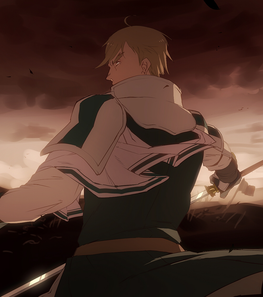 1boy arm_armor armor belt bird blonde_hair breastplate brown_belt brown_eyes capelet crow dual_wielding evening facing_away field flag gauntlets green_tunic gurast holding holding_sword holding_weapon knight looking_to_the_side male_focus original outdoors outstretched_arms shoulder_armor sword tunic weapon white_capelet wind