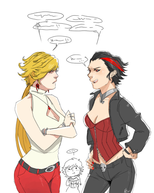 ... 3girls angry ankh_(ooo) arguing bangles blonde_hair breasts choker cleavage cleavage_cutout clothing_cutout corset crossed_arms earrings female_focus food genderswap genderswap_(mtf) hino_eiji humanization jacket jewelry kamen_rider kamen_rider_den-o_(series) kamen_rider_ooo_(series) long_hair momotaros multiple_girls pants popcorn red_eyes red_nails red_necklace red_pants red_streaks short_hair skull_belt sleeveless speech_bubble spiked_hair