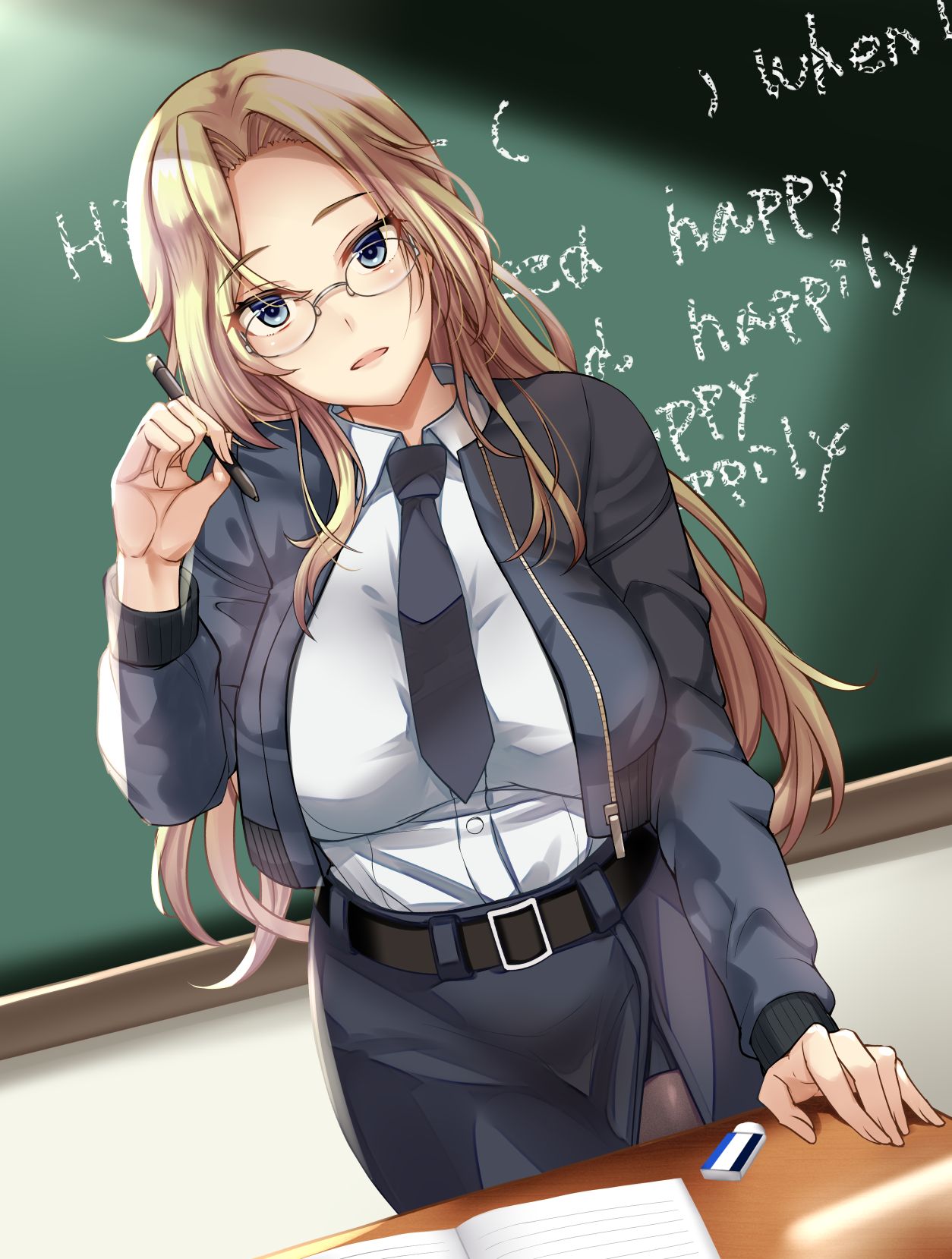 1girl belt black_belt black_jacket black_necktie black_skirt blonde_hair book breasts chalkboard english_text eraser forehead glasses hand_up highres holding holding_pen hornet_(kancolle) indoors jacket kantai_collection kuurunaitsu large_breasts long_hair long_sleeves looking_at_viewer necktie open_book open_clothes open_jacket pantyhose pen pencil_skirt shadow shirt skirt solo standing white_shirt