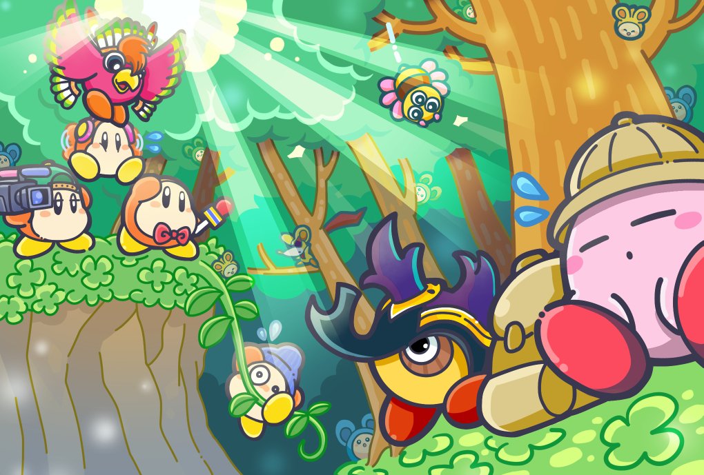 backpack bag beetley bird bow bowtie commentary_request como_(kirby) flying_sweatdrops forest headdress headphones helmet kirby kirby_(series) light_rays microphone mouse_(animal) native_american_headdress nature nintendo official_art pith_helmet plant red_neckwear sleeping spinni squeakers sunbeam sunlight tree video_camera vines waddle_dee waving_arms