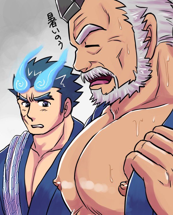 2boys bara beard blue_fire breasts_day facial_hair facial_scar fiery_horns fire forked_eyebrows from_side girl_staring_at_guy&#039;s_chest_(meme) good_breasts_day hair_slicked_back hogen_(housamo) horns large_pectorals looking_at_another looking_at_pectorals looking_down male_focus mature_male meme multiple_boys muscle_envy muscular muscular_male old old_man pectoral_cleavage pectorals pikako182 sakimori_toji scar scar_on_cheek scar_on_face short_hair sweat thick_beard thick_eyebrows tokyo_houkago_summoners translation_request upper_body very_sweaty