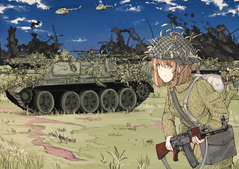 1girl 3boys aircraft ak-47 armored_vehicle assault_rifle bad_id bad_pixiv_id bmp-1 brown_eyes brown_hair caterpillar_tracks cloud day east_germany explosion grass gun helicopter kalashnikov_rifle machine_gun maz543 mi-14 military military_uniform military_vehicle motor_vehicle multiple_boys nationale_volksarmee original rifle short_hair sky soviet_army t-55 tank weapon