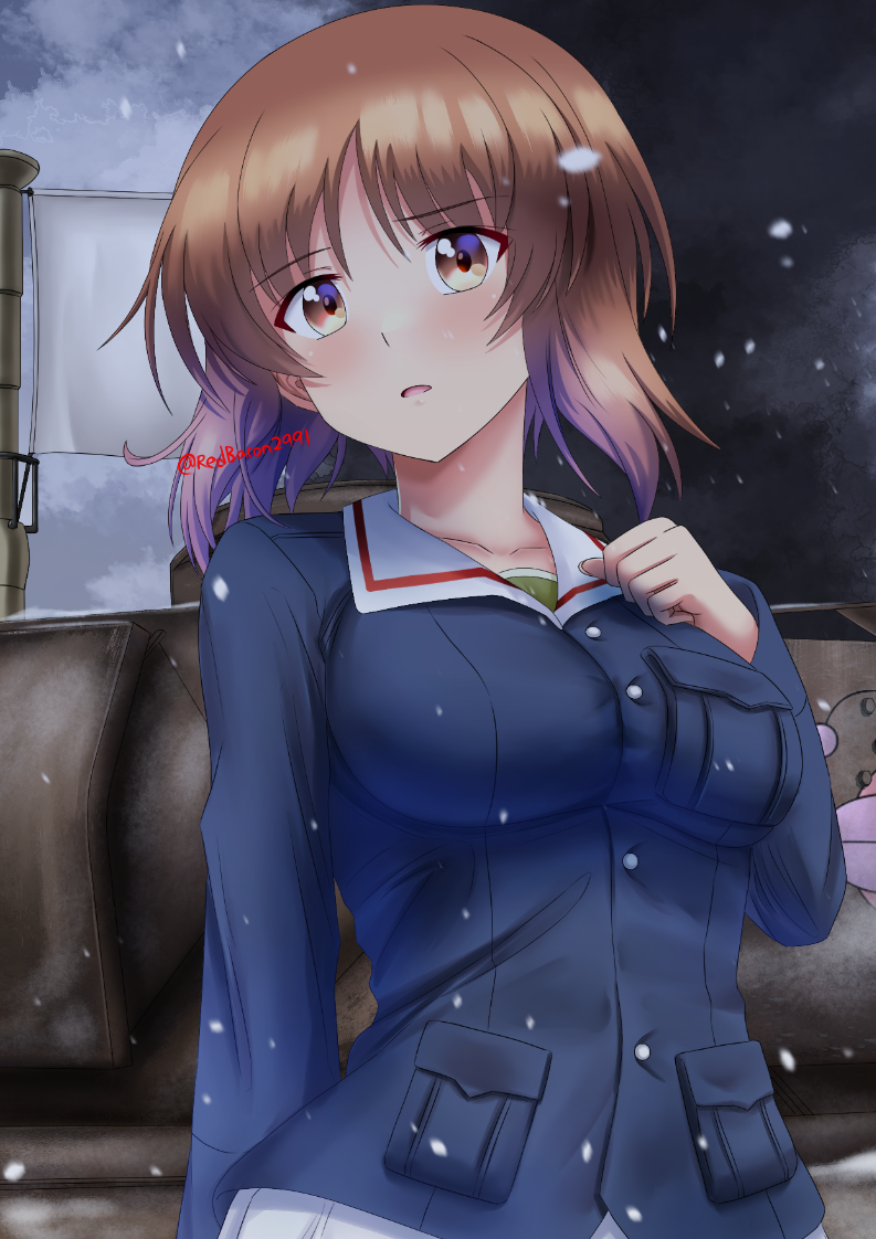 1girl anglerfish blue_jacket brown_eyes brown_hair commentary emblem fish flower girls_und_panzer green_undershirt hand_on_own_chest jacket long_sleeves looking_at_viewer military_uniform military_vehicle motor_vehicle night nishizumi_miho ooarai_military_uniform open_mouth outdoors panzer_iv pleated_skirt redbaron short_hair skirt snowing solo standing tank twitter_username undershirt white_flower white_skirt