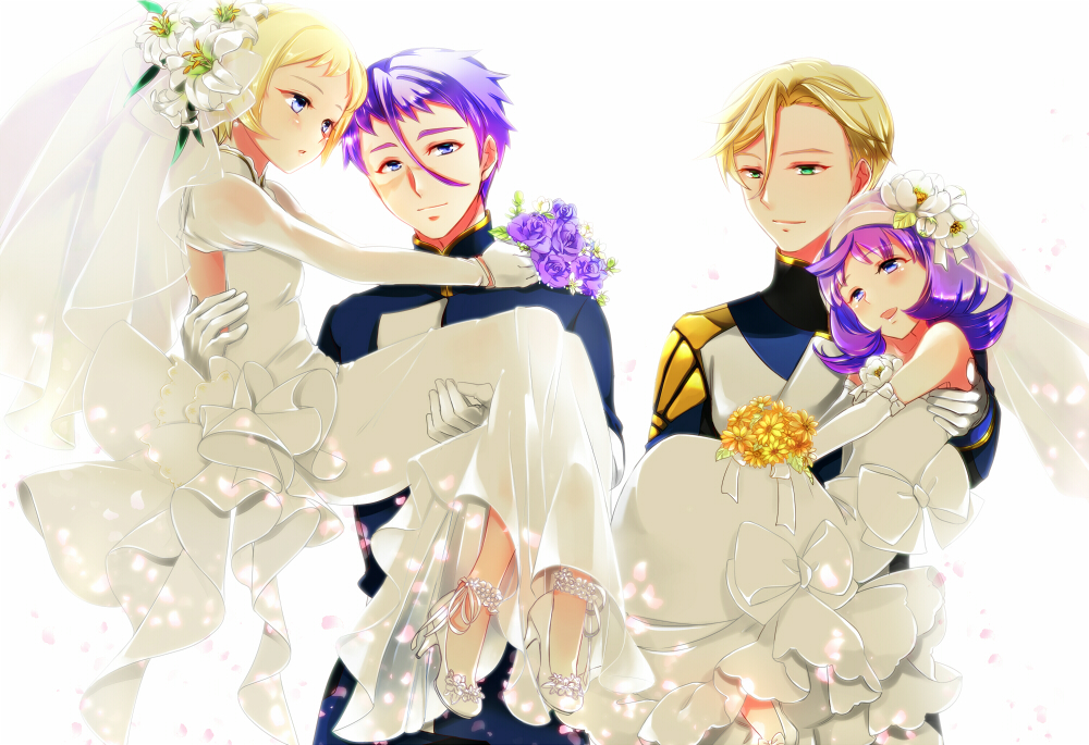 2boys 2girls almiria_bauduin blonde_hair blue_eyes bouquet bridal_veil bride brother_and_sister carrying couple dress elbow_gloves flower gaelio_bauduin gloves green_eyes gundam gundam_tekketsu_no_orphans hetero julietta_juris mcgillis_fareed mikazuki_tenma multiple_boys multiple_girls princess_carry purple_hair scar short_hair siblings veil wedding_dress