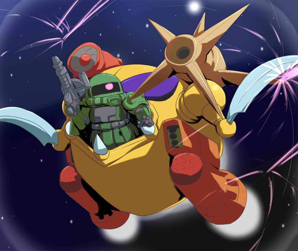 artist_request chibi gun gundam mecha mobile_suit_gundam robot space weapon zakrello zaku zaku_ii