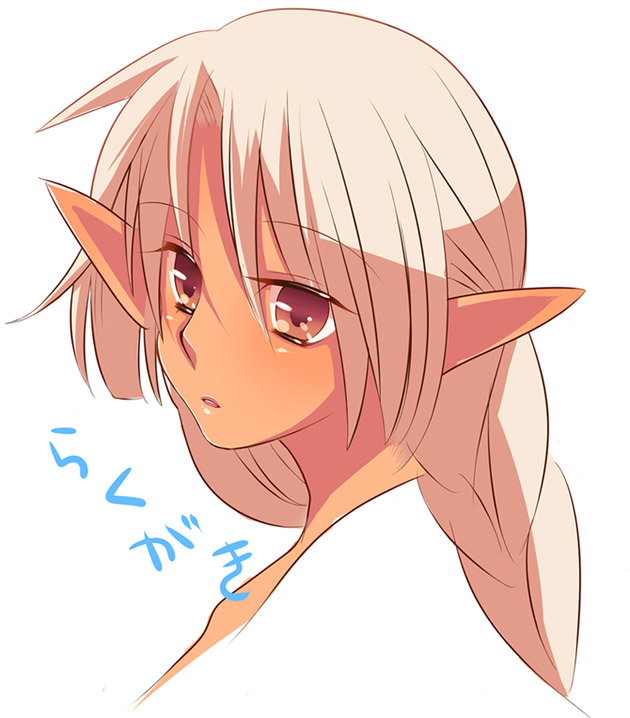 1girl bad_id bad_pixiv_id blush brown_eyes dark-skinned_female dark_skin elf female_focus japanese_text long_hair looking_at_viewer neko_(natsuiroclassic) open_mouth original pointy_ears silver_hair simple_background solo text_focus translation_request upper_body white_background