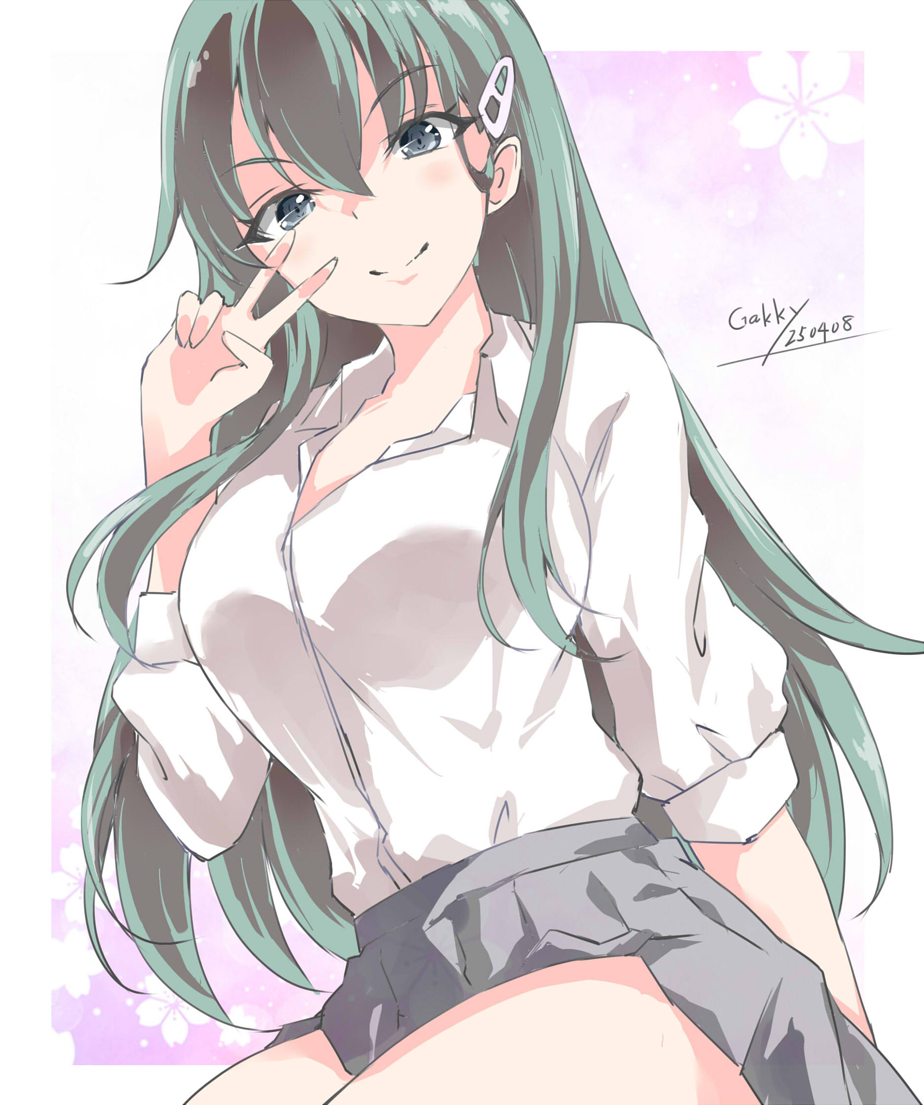 1girl alternate_costume collared_shirt cowboy_shot dress_shirt gakky green_eyes green_hair grey_skirt hair_ornament hairclip highres kantai_collection long_hair pleated_skirt shirt skirt solo suzuya_(kancolle) v white_shirt
