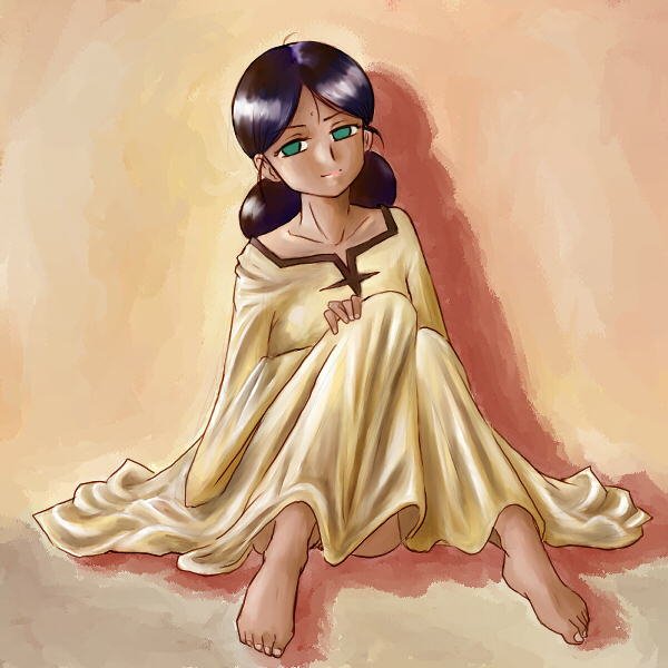 1girl barefoot black_hair dark-skinned_female dark_skin dress female_focus green_eyes gundam lalah_sune matirine mobile_suit_gundam sitting solo