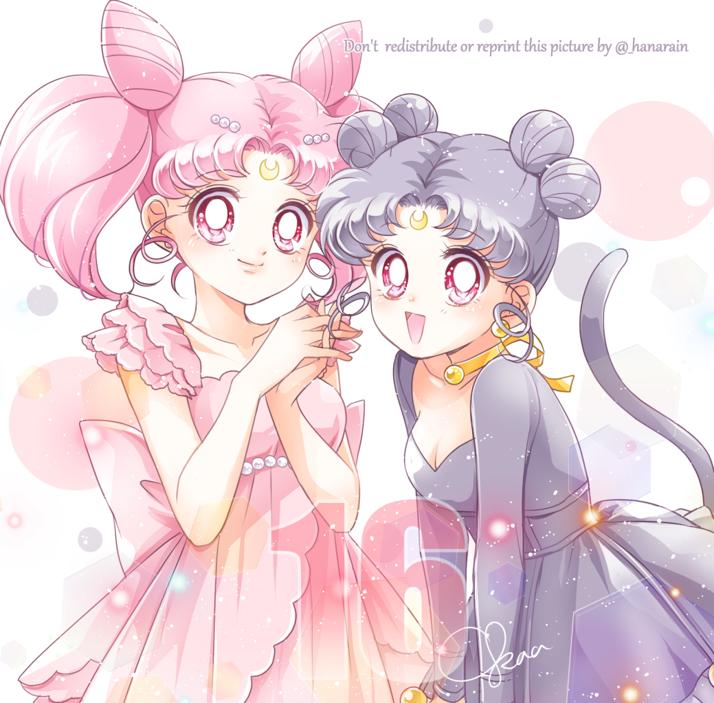 2girls back_bow bishoujo_senshi_sailor_moon bishoujo_senshi_sailor_moon_stars bishoujo_senshi_sailor_moon_supers bow breasts cat_tail chibi_usa cleavage closed_mouth collarbone cone_hair_bun cowboy_shot crescent crescent_facial_mark diana_(sailor_moon) diana_(sailor_moon)_(human) double_bun dress drill_hair earrings facial_mark forehead_mark gold_choker gold_earrings grey_dress grey_hair hair_bun hair_ornament interlocked_fingers jewelry leaning_forward lips long_sleeves medium_breasts multiple_girls multiple_hair_buns open_mouth own_hands_together personification pink_dress pink_eyes pink_hair quad_bun red_eyes sarashina_kau shirt short_hair short_sleeves short_twintails sidelocks signature small_lady_serenity smile tail twintails yellow_shirt
