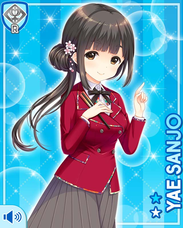 1girl black_hair black_neckwear black_pantyhose blazer blue_background bow bowtie card_(medium) closed_mouth girlfriend_(kari) girlfriend_note grey_skirt jacket long_hair long_skirt looking_at_viewer official_art pantyhose pleated_skirt qp:flapper red_jacket sanjo_yae school_uniform shirt short_hair skirt smile standing tagme white_shirt yellow_eyes
