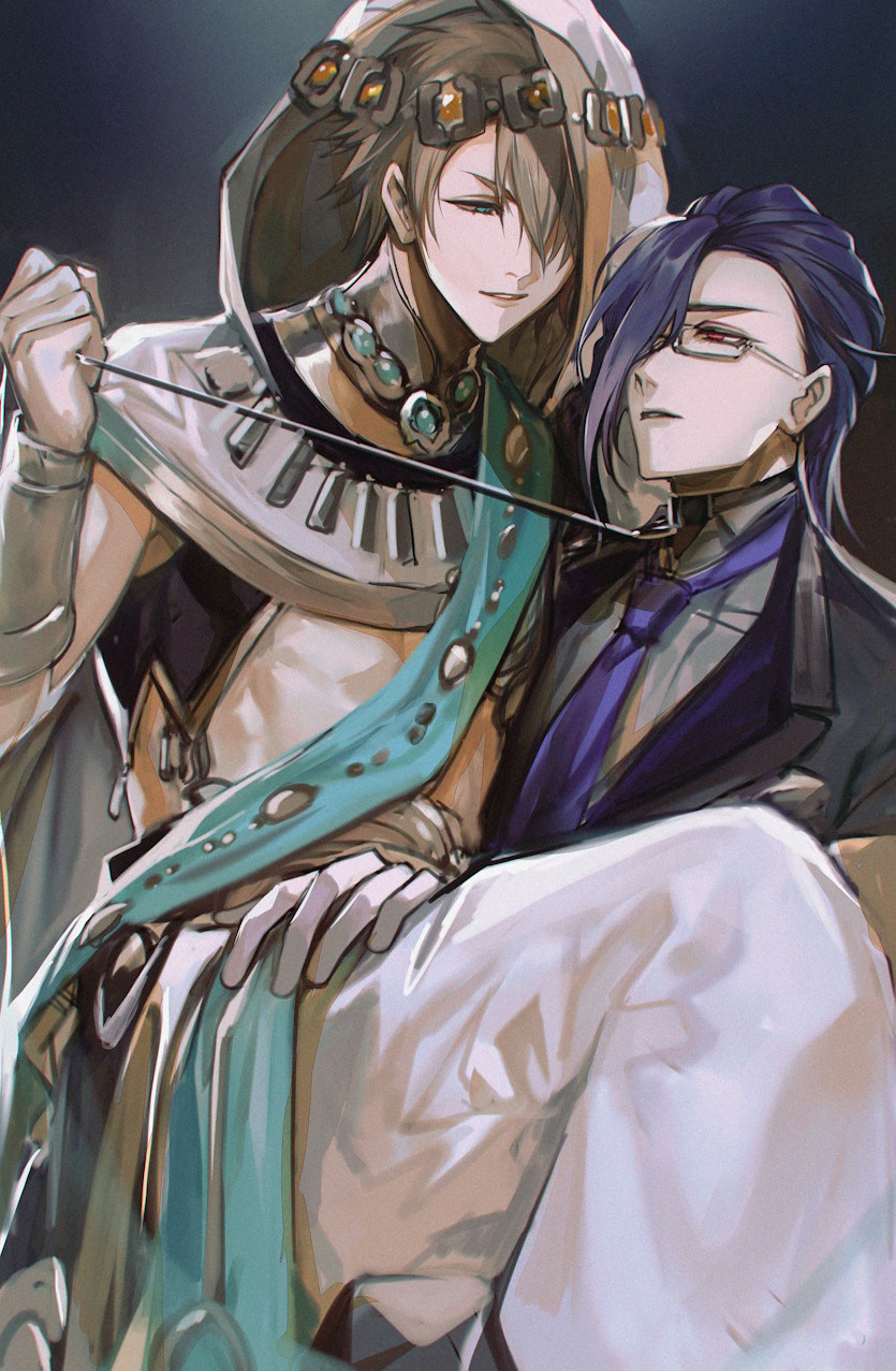 2boys abs aladdin_(sinoalice) arabian_clothes asymmetrical_bangs baggy_pants black_hair blonde_hair bridal_gauntlets brown-framed_eyewear butler collar collared_shirt commission couple coxxco12 formal_clothes glasses gloves grin hair_over_one_eye hameln_(sinoalice) highres holding holding_leash hood hood_up jewelry leash looking_at_another male_focus multiple_boys necktie pants parted_lips purple_necktie sash second-party_source shirt short_hair simple_background sinoalice sitting sitting_on_lap sitting_on_person skeb_commission smile suit white_gloves yaoi