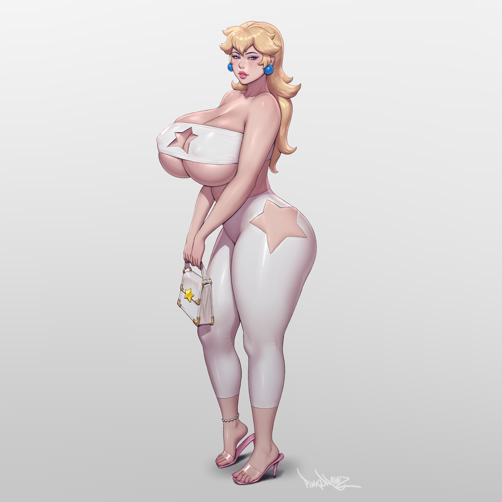 1girl anklet ass bag blonde_hair blue_eyes breasts cleavage cleavage_cutout clothing_cutout earrings handbag high_heels hip_vent huge_breasts jewelry lips lipstick long_hair makeup mario_(series) nail_polish nintendo pinkdrawz ponytail princess_peach ring solo star_cutout super_mario_bros._1 toe_ring underboob