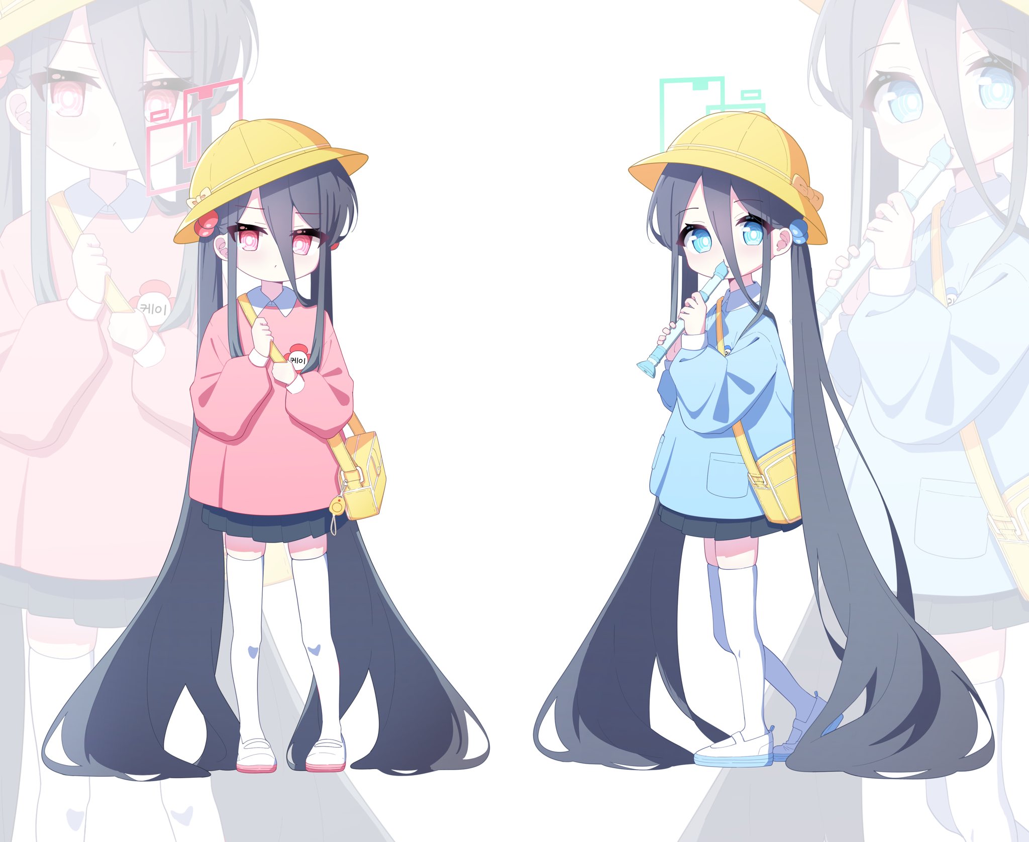 2girls 525_woiwo aris_(blue_archive) black_hair blue_archive blue_eyes blush green_halo hair_bobbles hair_ornament halo hat highres kei_(blue_archive) kindergarten_uniform long_hair long_sleeves looking_at_viewer low_twintails multiple_girls pink_shirt pleated_skirt red_eyes red_halo school_hat shirt simple_background skirt smile twintails white_background yellow_hat