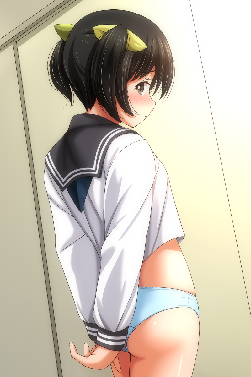 1girl arms_behind_back ass black_hair blue_neckerchief blue_panties blush breasts brown_eyes embarrassed from_behind hair_ribbon long_sleeves looking_at_viewer looking_back matsunaga_kouyou midriff neckerchief open_mouth original panties ribbon school_uniform shirt short_hair small_breasts standing twintails underwear white_shirt yellow_ribbon