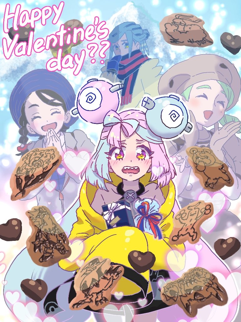 1boy 3girls altaria blush candy character_hair_ornament chocolate chocolate_heart crabominable florges food gen_2_pokemon gen_3_pokemon gen_4_pokemon gen_6_pokemon gen_7_pokemon gen_8_pokemon grusha_(pokemon) gym_leader hair_ornament happy_valentine heart iono_(pokemon) juliana_(pokemon) katy_(pokemon) multiple_girls nintendo pokemon pokemon_sv sariika_(sakisariika) sharp_teeth staraptor sudowoodo teddiursa teeth toxtricity toxtricity_(low_key) valentine