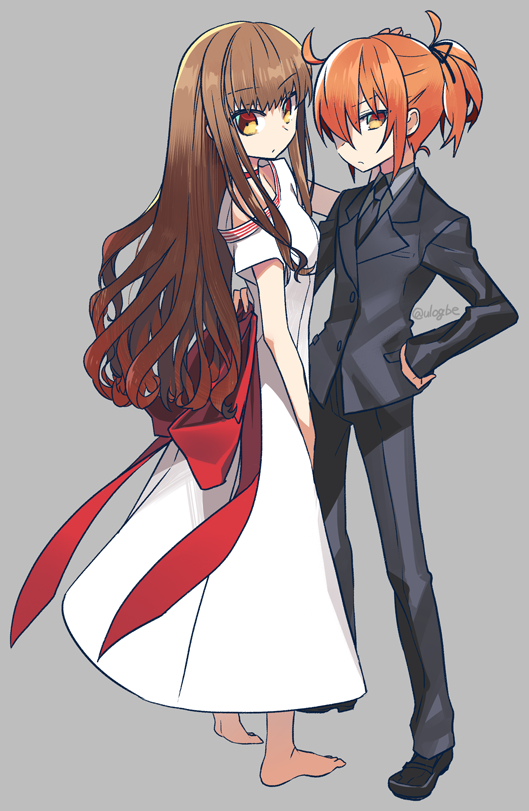 2girls ahoge bare_shoulders barefoot black_jacket black_pants black_suit breasts brown_eyes brown_hair collared_shirt dress fate/extella fate/extra fate/grand_order fate_(series) formal_clothes fujimaru_ritsuka_(female) fujimaru_ritsuka_(female)_(royal_brand) full_body grey_shirt jacket kishinami_hakuno_(female) long_hair long_sleeves looking_at_viewer medium_breasts multiple_girls necktie negi_(ulog&#039;be) off_shoulder one_side_up orange_eyes orange_hair pants shirt short_hair sidelocks suit white_dress