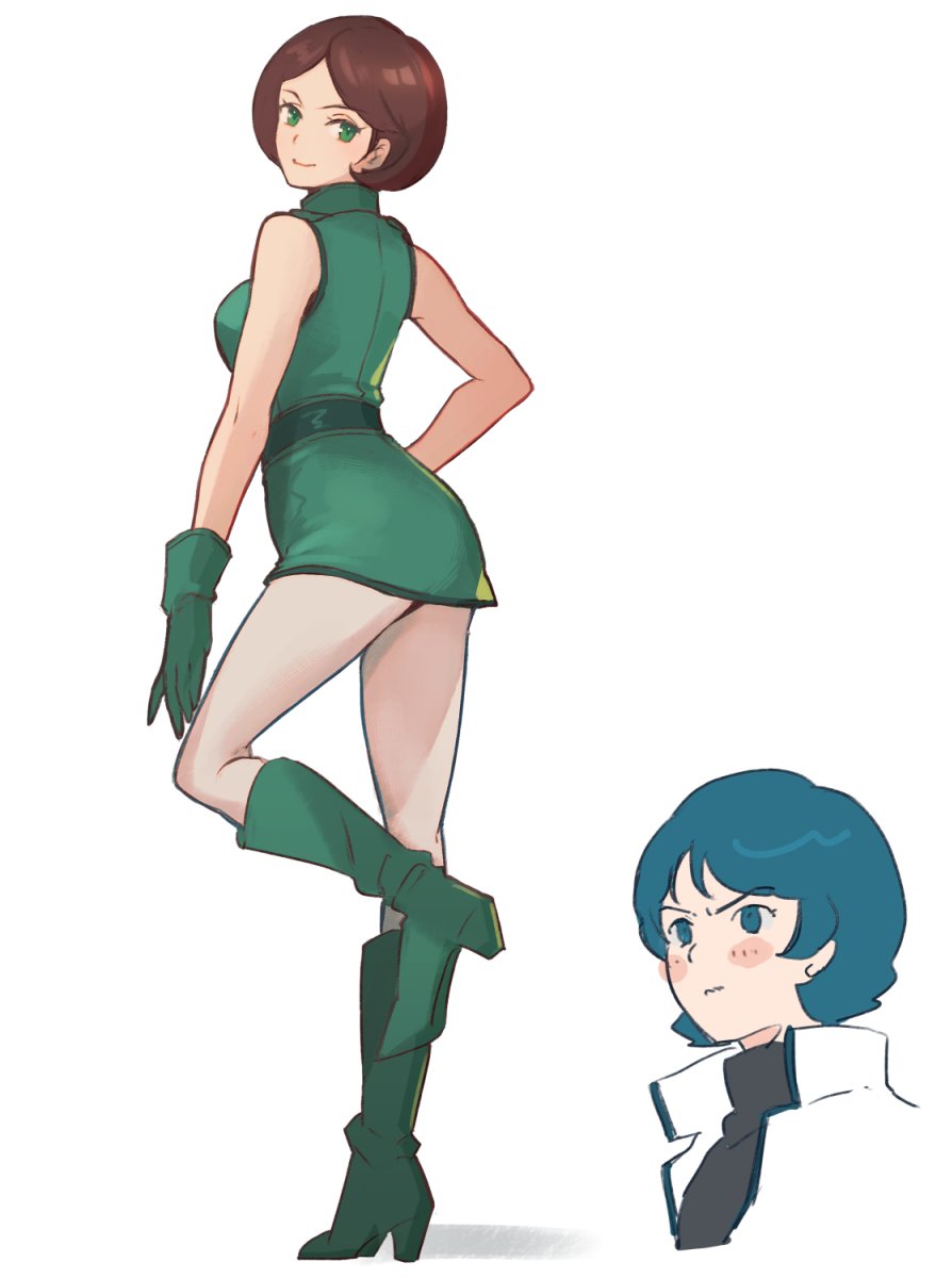 1boy 1girl aeug ass blue_eyes blue_hair blush boots breasts brown_hair emma_sheen full_body gloves green_boots green_eyes gundam highres jacket kamille_bidan kasumi_(skchkko) looking_at_another military_uniform pantyhose short_hair sleeveless smile upper_body white_pantyhose zeta_gundam