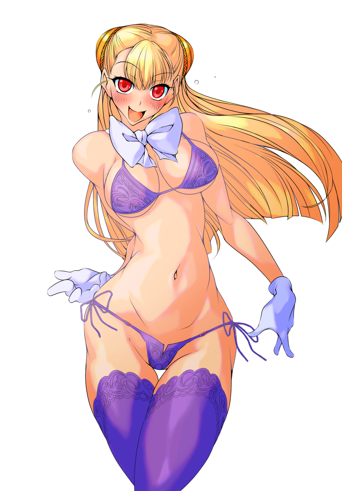 1girl blonde_hair blush bow bra breasts capcom_fighting_jam female_focus gloves hairpods highres ingrid_(capcom) long_hair looking_at_viewer medium_breasts navel panties pink_background purple_bra purple_panties purple_thighhighs red_eyes side-tie_panties solo thigh_gap thighhighs transparent_background underboob underwear underwear_only white_gloves yoshitsuki