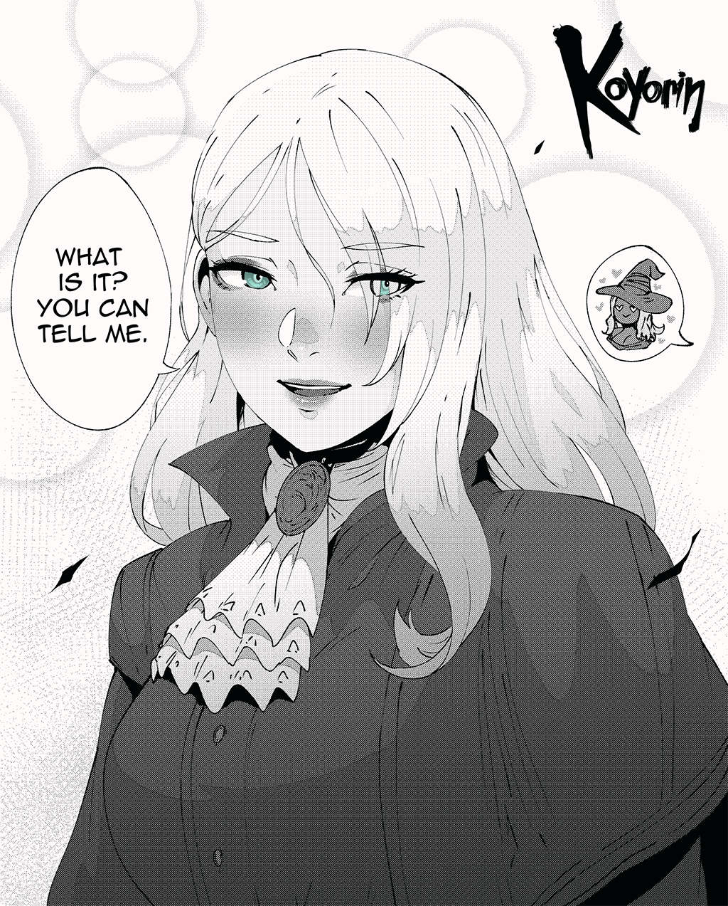 2girls artist_name ascot black_skin breasts cleavage colored_skin commentary dark-skinned_female dark_skin duchess_(elden_ring) elden_ring elden_ring_nightreign english_commentary greyscale hair_behind_ear hair_down hat heart highres implied_yuri jacket koyorin large_breasts large_hat long_hair monochrome multiple_girls open_mouth recluse_(elden_ring) surcoat white_ascot witch witch_hat yuri