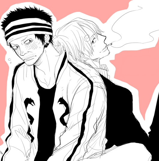 2boys aya_(6335) back-to-back color_background east_blue gin_(one_piece) headband male_focus multiple_boys one_piece sanji_(one_piece) smoking