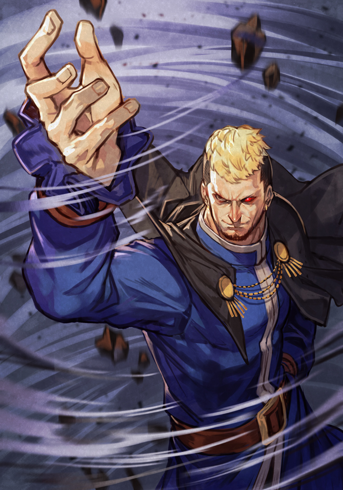 1boy beard belt black_cape black_hair blonde_hair brown_belt cape facial_hair glowing glowing_eye goenitz hungry_clicker looking_up male_focus multicolored_hair short_hair snk solo the_king_of_fighters the_king_of_fighters_xv two-tone_hair upper_body wind