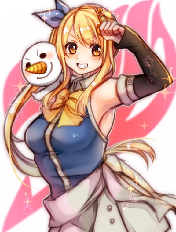 1girl blonde_hair blue_bow blue_shirt bow bowtie commentary_request cowboy_shot detached_sleeves fairy_tail fairy_tail_logo hair_bow lucy_heartfilia plue rave_(manga) sapphire_(ema-n) shirt side_ponytail sidelocks smile solo sparkle yellow_bow yellow_bowtie