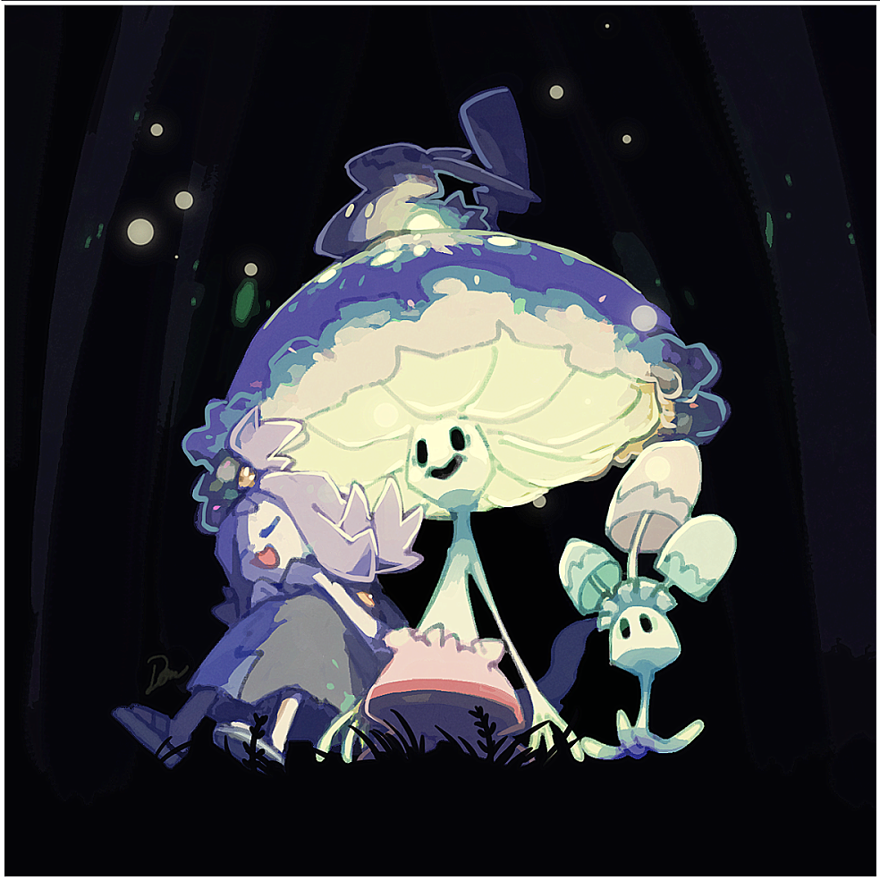 1girl :d acerola_(pokemon) border closed_eyes commentary dark domu_(hamadura) dress elite_four flip-flops flipped_hair from_below gen_7_pokemon glowing grass grey_dress hair_ornament hairclip medium_hair mimikyu morelull multicolored_dress nintendo open_mouth pokemon pokemon_(creature) pokemon_sm purple_hair sandals shiinotic short_sleeves smile symbol-only_commentary topknot white_border