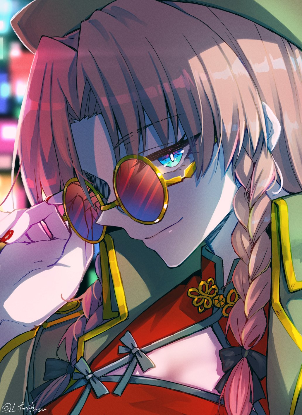 1girl alternate_costume blue_eyes bow braid chinese_clothes dress glasses hat highres hong_meiling jacket kinese_(katasutorohu) long_hair nail_polish open_clothes open_jacket red-tinted_eyewear red_hair red_nails removing_eyewear scarlet_devil_mansion slit_pupils smile tinted_eyewear touhou twin_braids