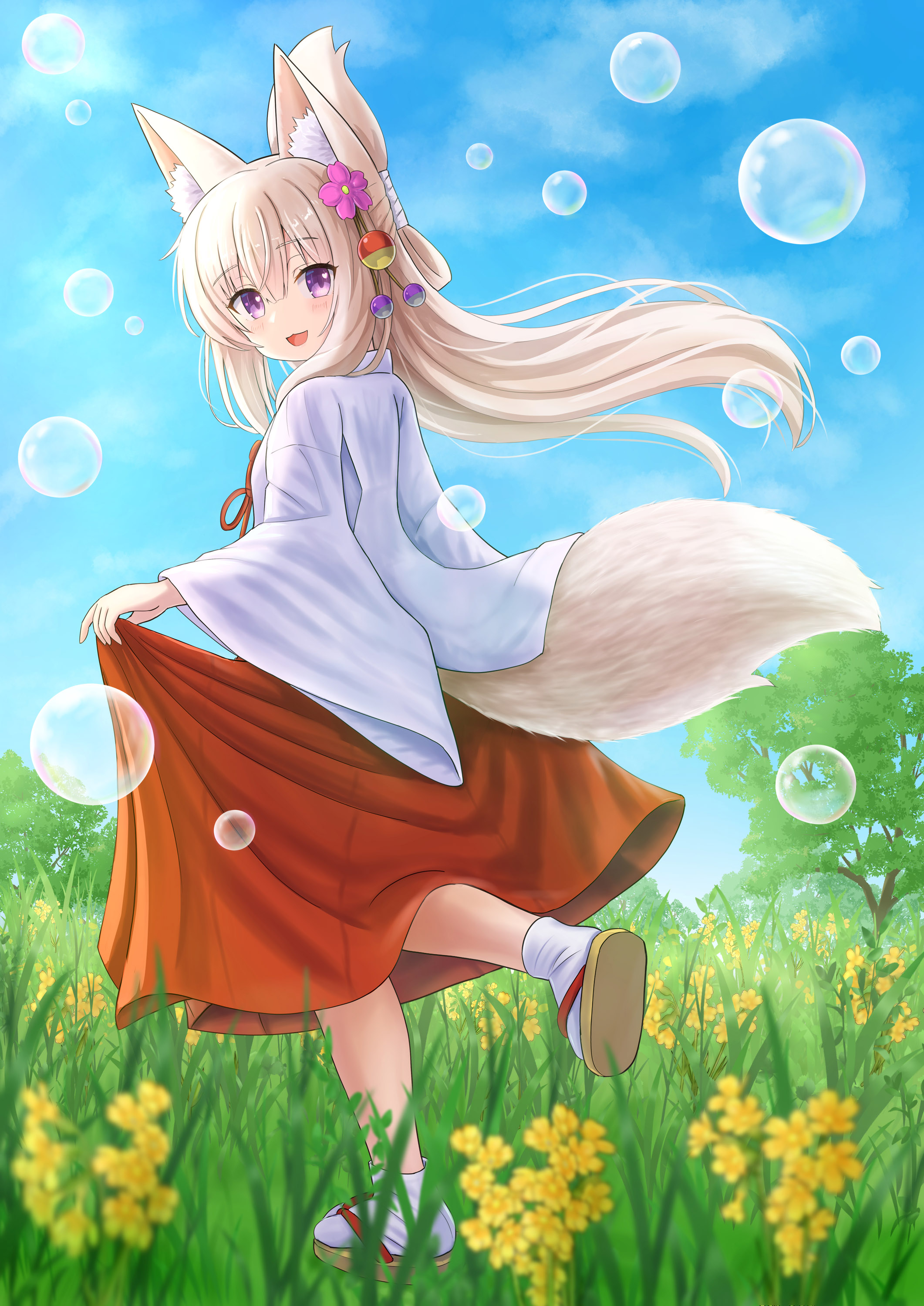 1girl :d absurdres animal_ear_fluff animal_ears blue_sky brown_hair brown_sandals bubble cloud commentary_request day flower folded_ponytail fox_ears fox_girl fox_tail grass hair_flower hair_ornament hakama hakama_hold highres iroha_(iroha_matsurika) japanese_clothes kimono koyoi_(iroha_(iroha_matsurika)) long_hair long_sleeves looking_at_viewer looking_to_the_side meadow miko open_mouth original outdoors pink_flower red_hakama sandals shoe_soles sky smile socks solo tabi tail tree very_long_hair white_kimono white_socks wide_sleeves yellow_flower zouri
