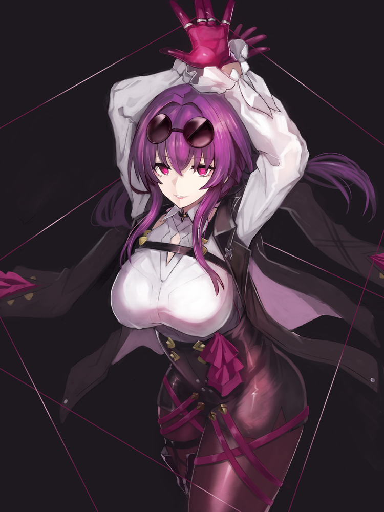 1girl black_shorts breasts chest_harness edobox eyewear_on_head gloves hair_between_eyes harness honkai:_star_rail honkai_(series) kafka_(honkai:_star_rail) large_breasts long_hair long_sleeves looking_at_viewer pantyhose purple_eyes purple_gloves purple_hair purple_pantyhose round_eyewear shirt shorts smile solo sunglasses thighs white_shirt
