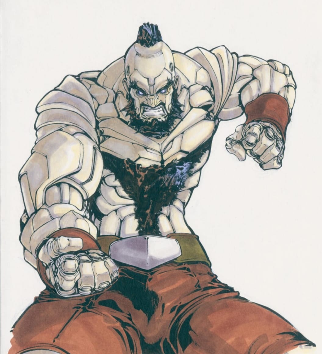 1boy andy_seto beard brown_pants chest_hair chinese_commentary clenched_hands clenched_teeth commentary_request facial_hair grey_eyes male_focus mechanization mohawk pants robot solo street_fighter teeth topless_male zangief