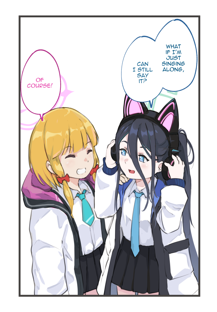 2girls animal_ear_headphones animal_ears aqua_necktie black_hair black_skirt blonde_hair blue_archive blue_eyes blue_necktie bow cat_ear_headphones english_text fake_animal_ears green_halo hair_bow halo headphones jacket long_hair meme midori_(blue_archive) momoi_(blue_archive) multiple_girls necktie pink_halo racist_momoi_(meme) shirt sidelocks skirt speech_bubble tyrone white_jacket white_shirt