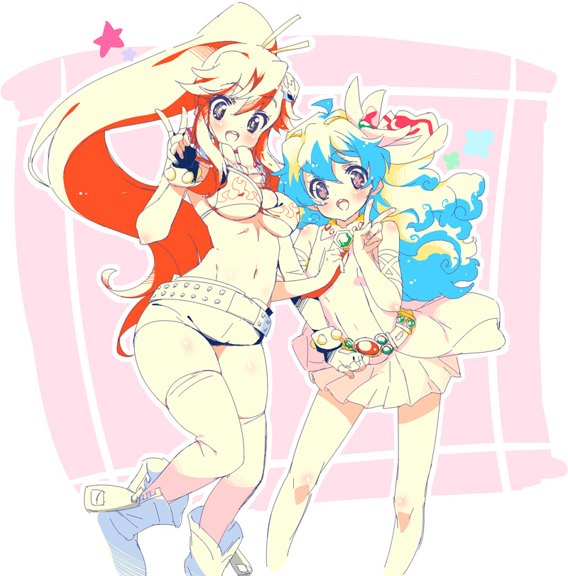 00s 2girls bikini bikini_top_only breasts flower hair_flower hair_ornament locked_arms long_hair multiple_girls navel nia_teppelin pandaki_(aki) ponytail scarf short_shorts shorts skirt smile swimsuit tengen_toppa_gurren_lagann thighhighs underboob v yoko_littner
