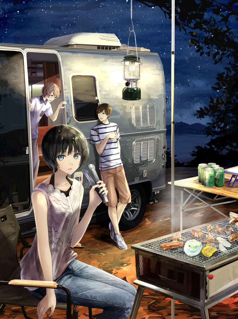 1girl 2boys black_hair bob_cut brown_hair camper camper_trailer camping can chair chef_no_kimagure_salad collarbone cooking denim food glasses green_eyes grill haunted_campus jeans lantern meat multiple_boys nada_koyomi night night_sky official_art pants recreational_vehicle shoes short_hair sky sneakers star_(sky) tongs trailer tree water yagami_shinji