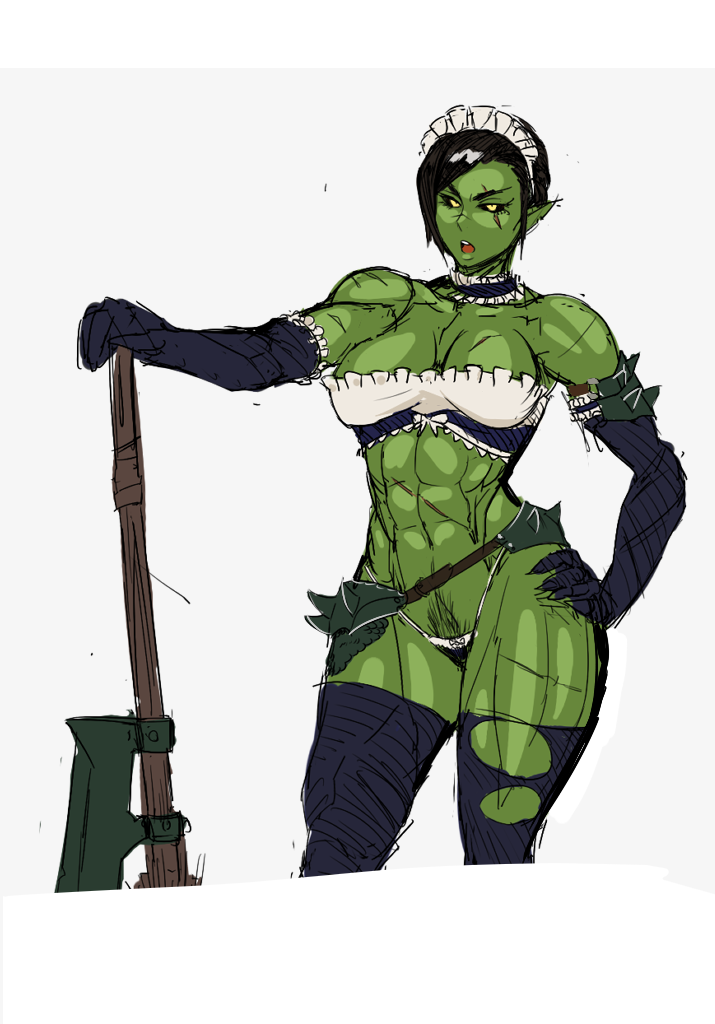 1girl abs axe bad_id bad_tumblr_id bikini black_gloves black_hair black_sclera black_thighhighs breasts cleavage colored_sclera elbow_gloves female_orc female_pubic_hair gloves grey_background hand_on_own_hip holding holding_axe large_breasts looking_at_viewer maid maid_bikini maid_headdress muscular muscular_female navel nisetanaka open_mouth orc original pointy_ears pubic_hair short_hair solo swimsuit thighhighs torn_clothes torn_thighhighs two-tone_background unconventional_maid white_background yellow_eyes