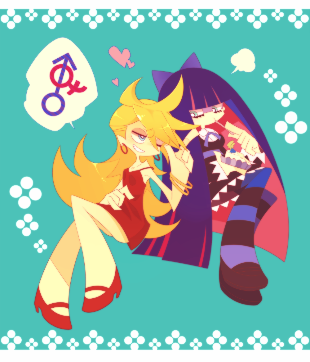 10s 2girls blonde_hair blue_eyes bracelet cake dress earrings food grin jewelry kashiri_kurosuke long_hair multiple_girls necklace one_eye_closed panty_&amp;_stocking_with_garterbelt panty_(psg) pantyhose purple_hair red_dress ribbon siblings smile stocking_(psg) striped_clothes striped_pantyhose wink
