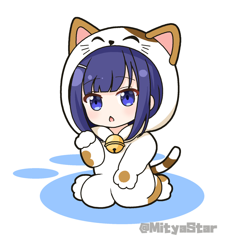 1girl animal_costume animal_ears animal_hood bell blue_eyes blue_hair cat_costume cat_ears cat_hood cat_tail chestnut_mouth chibi commentary_request fake_animal_ears fuiba_fuyu full_body gochuumon_wa_usagi_desu_ka? hair_ornament hairclip hood jingle_bell looking_at_viewer mitya neck_bell parted_lips paw_pose simple_background solo tail twitter_username white_background