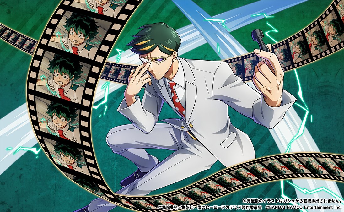 2boys boku_no_hero_academia dress_pants dress_shoes formal_clothes glasses green_hair jacket midoriya_izuku multicolored_hair multiple_boys narrowed_eyes non-web_source polka_dot_necktie sir_nighteye streaked_hair suit suit_jacket tall white_suit yellow_eyes