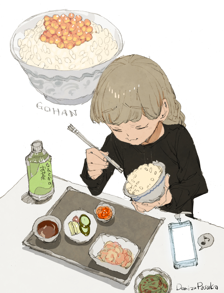 artist_name bowl cellphone chopsticks closed_eyes commentary demizu_posuka eating food holding holding_bowl long_hair musical_note nattou original phone rice rice_bowl signature simple_background sketch tagme white_background