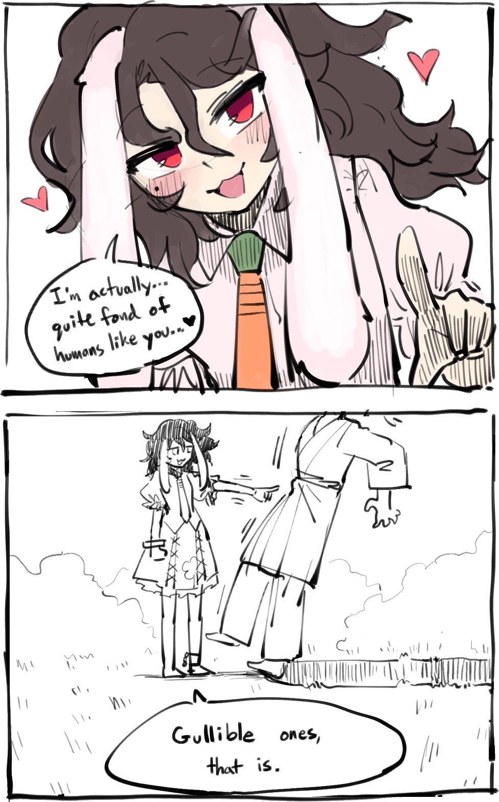 1boy 1girl animal_ears carrot_necklace commentary english_commentary english_text heart highres inaba_tewi jewelry kaibootsu looking_at_viewer medium_hair messy_hair necklace puffy_sleeves rabbit_ears rabbit_girl red_eyes short_sleeves shoving speech_bubble touhou wing_collar wristband